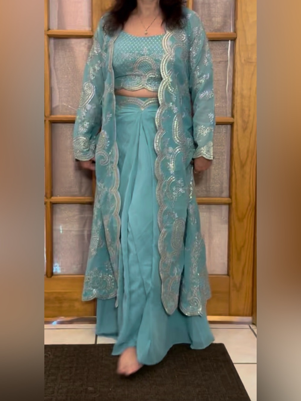 Teal Sequined indowestern outfit (pleated skirt), crop top and long shrug
